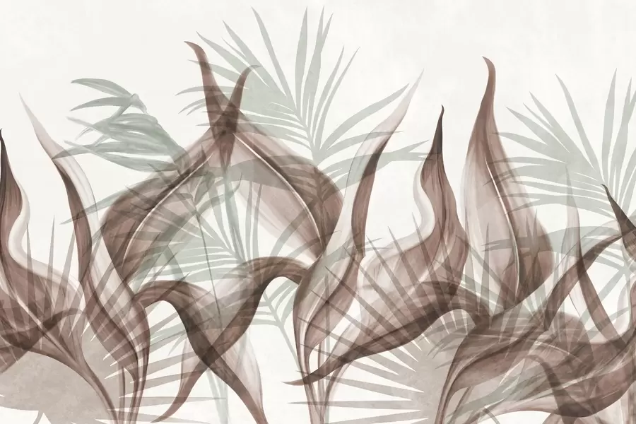 fototapeter Tropiske blader i brune og grønne nyanser mot en hvit bakgrunn, strukturert akvarellstil w09772