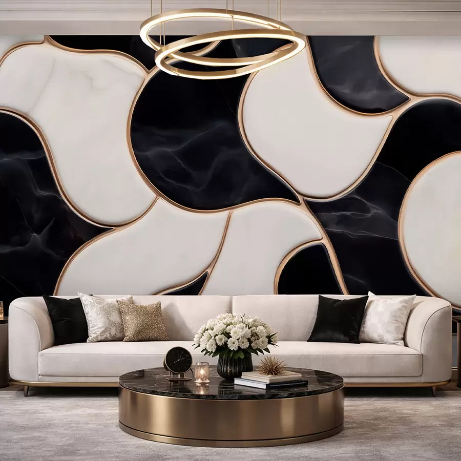 fototapeter Abstrakt gjengivelse av en marmorkomposisjon i svart-hvite toner med gule linjer w09733