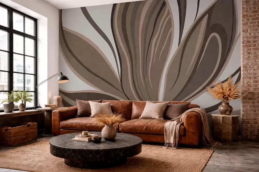 fototapeter En stilisert blomst med flytende linjer i brune nyanser w05147