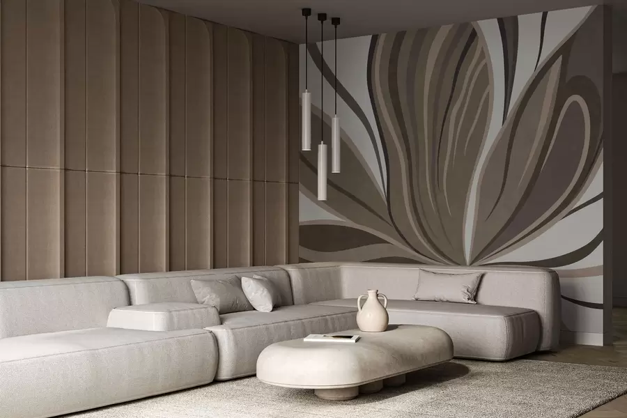 fototapeter En stilisert blomst med flytende linjer i brune nyanser w05147