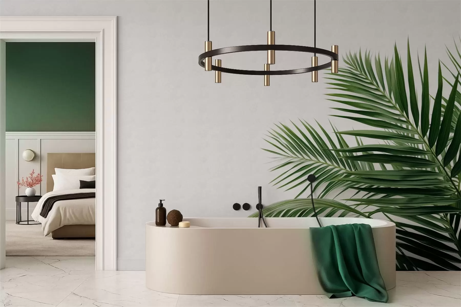 fototapeter Grønne palmeblader på en lys bakgrunn w05391