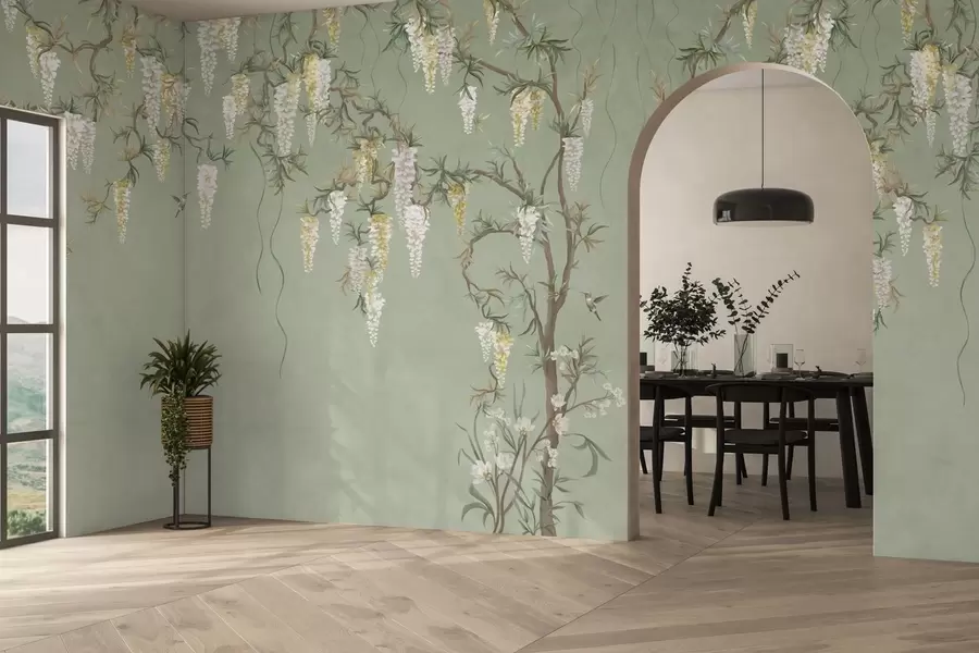 fototapeter Blomstrende grener med hvite blomster og fugler på grønt w05394