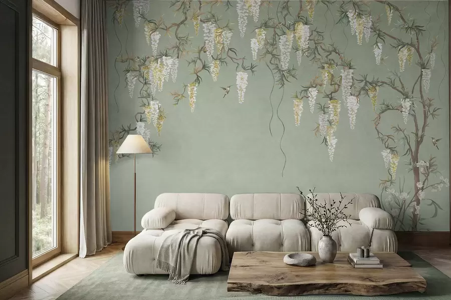 fototapeter Blomstrende grener med hvite blomster og fugler på grønt w05394
