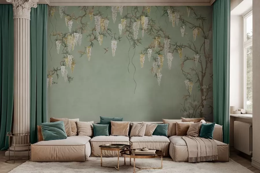 fototapeter Blomstrende grener med hvite blomster og fugler på grønt w05394