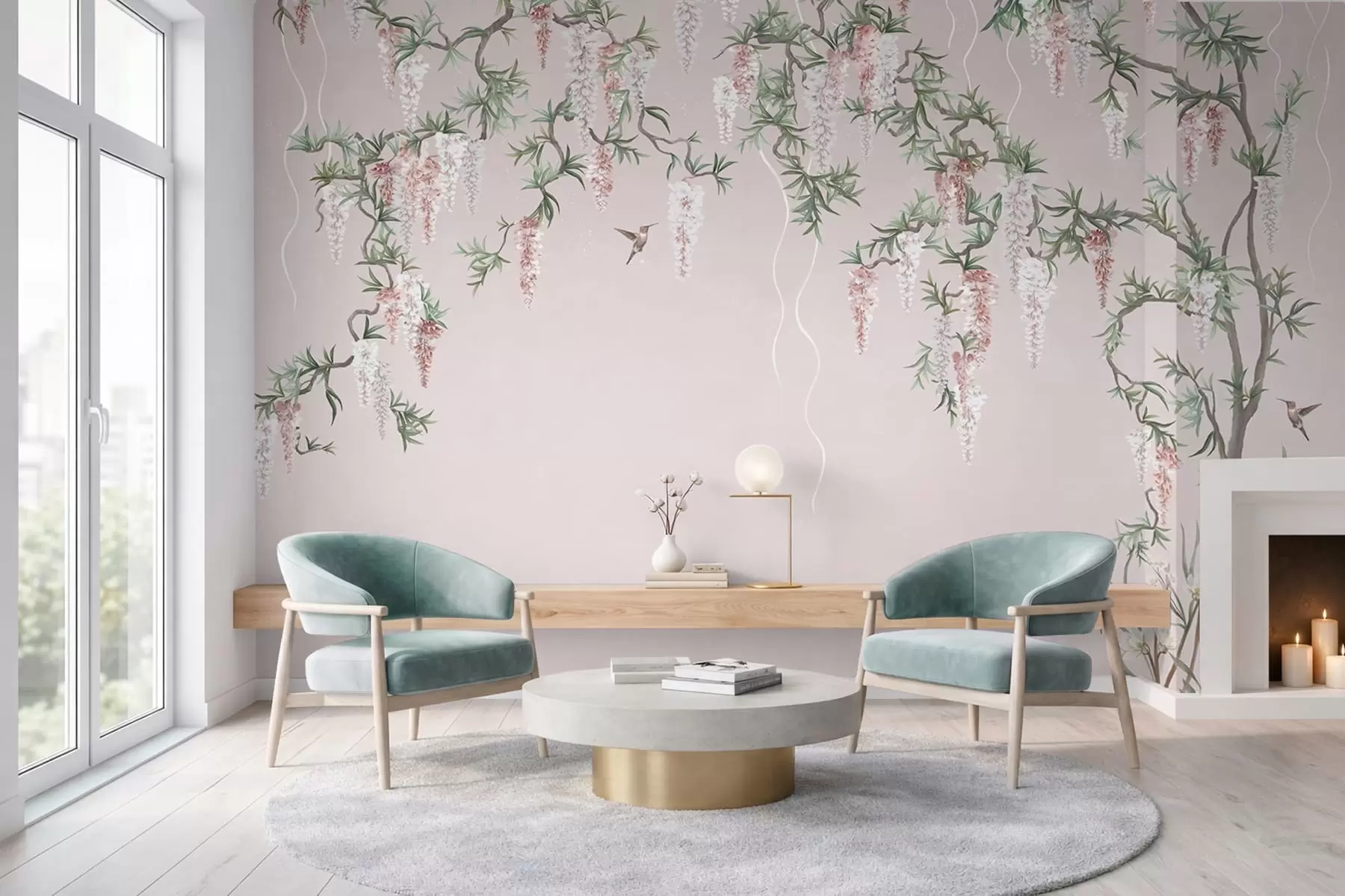fototapeter Blomstrende grener med rosa blomster og fugler w05394v1