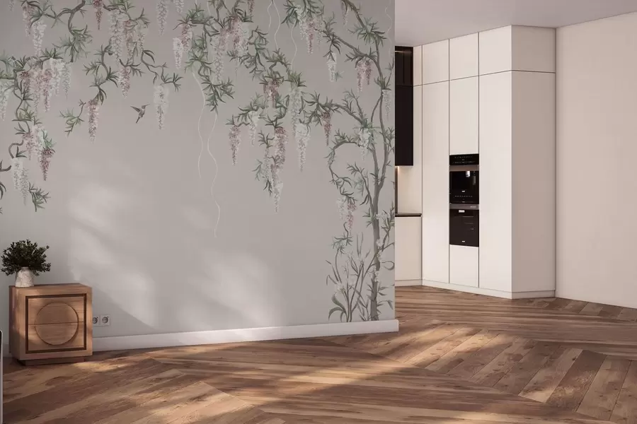 fototapeter Blomstrende grener med rosa blomster og fugler w05394v1