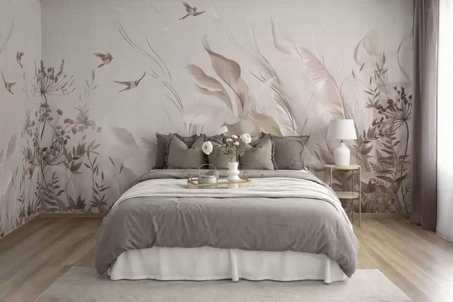 fototapeter Myke fjær, gress og fugler i lyse farger w05395