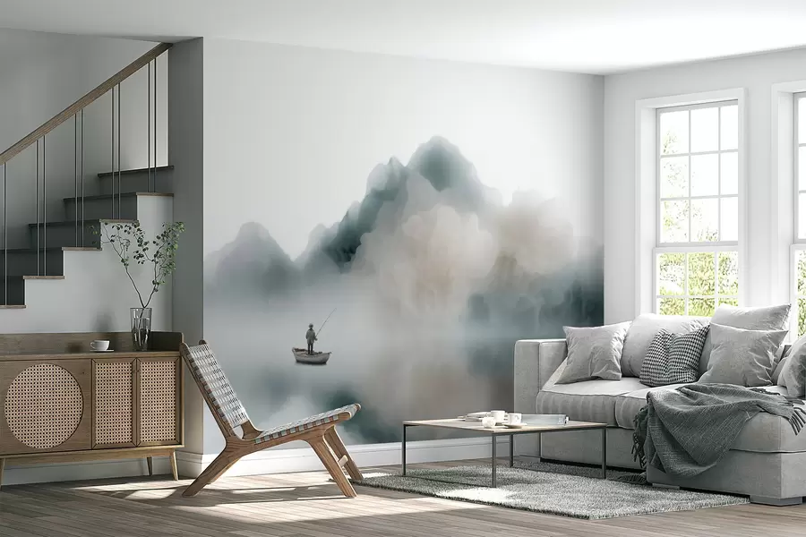 fototapeter Fjellandskap med en båt og en fisker som forsvinner inn i en myk tåke w09678