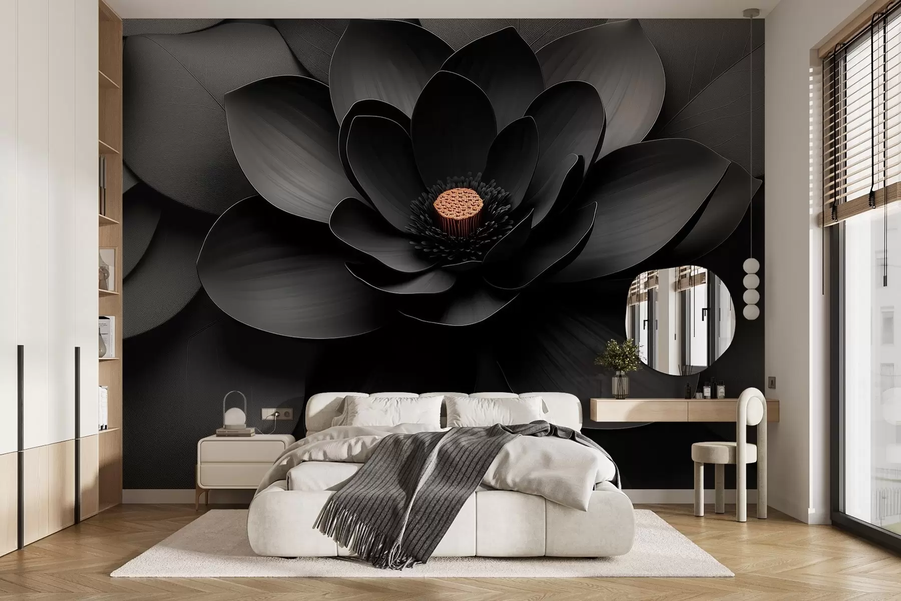 fototapeter En minimalistisk svart blomst med kronblader og et kontrastfylt, varmt senter w09721