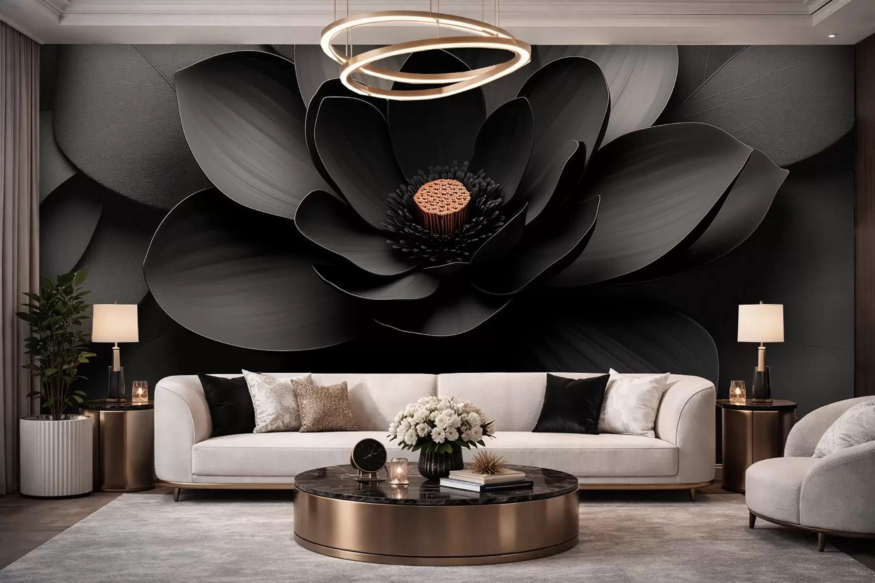 fototapeter En minimalistisk svart blomst med kronblader og et kontrastfylt, varmt senter w09721