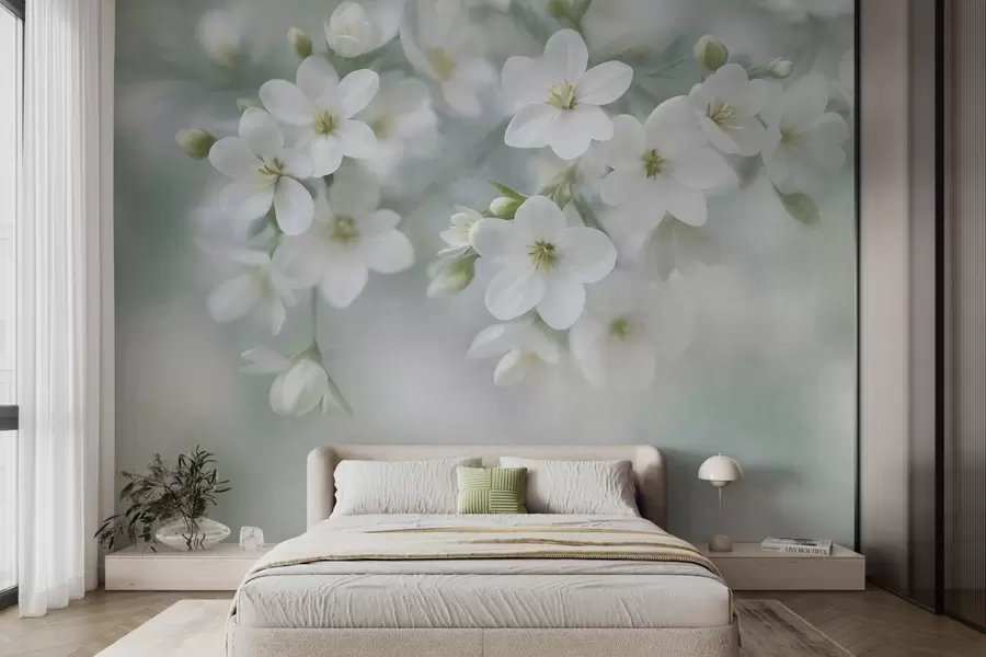 fototapeter Hvite blomster med delikat struktur, mykt uskarpe i bakgrunnen w09759