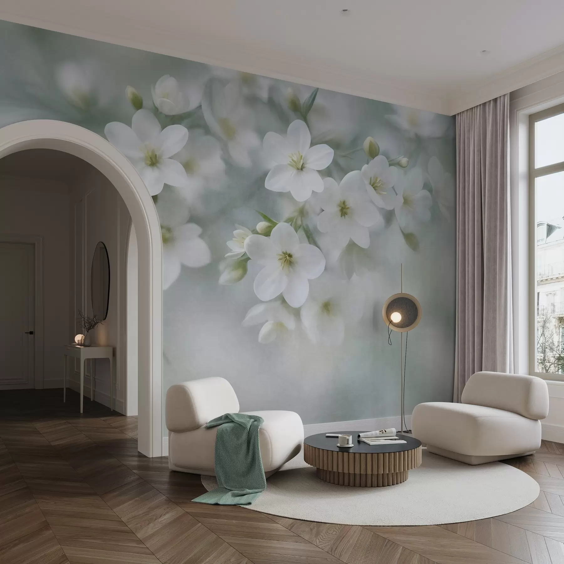 fototapeter Hvite blomster med delikat struktur, mykt uskarpe i bakgrunnen w09759
