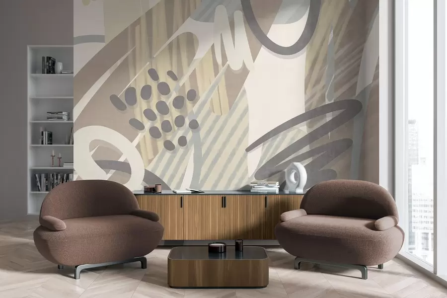 fototapeter Et abstrakt mønster med organiske former, kruseduller og prikker i dempede pastellfarger w09774