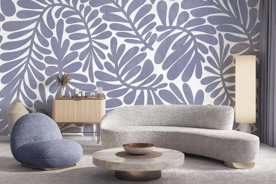 fototapeter Stiliserte lyseblå blader mot en lys bakgrunn, teksturert kunst w09775v1