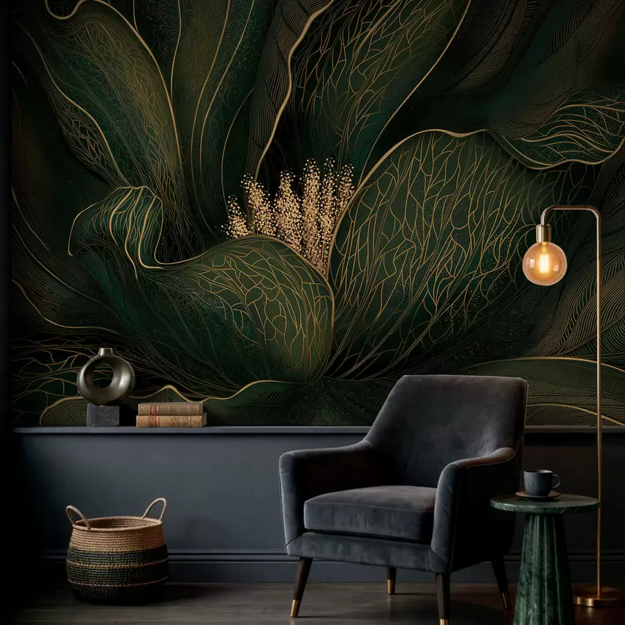 fototapeter Mørkegrønn abstrakt blomst med fine linjedetaljer w05119v1