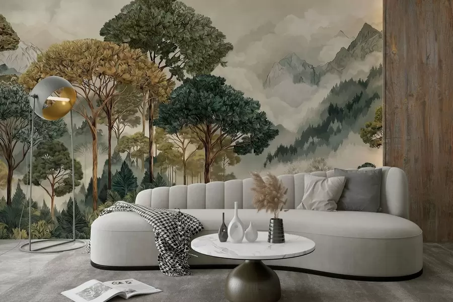 fototapeter Skog med høye trær i tåkete fjell w05410