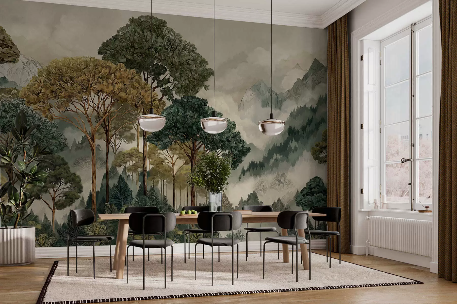 fototapeter Skog med høye trær i tåkete fjell w05410