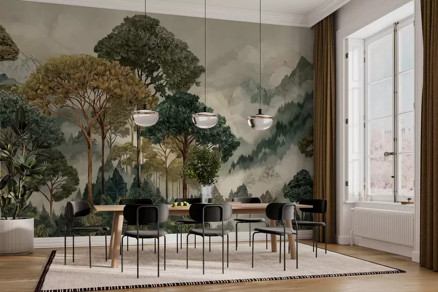 fototapeter Skog med høye trær i tåkete fjell w05410