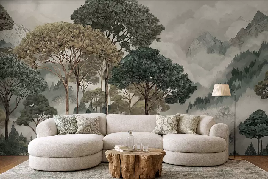 fototapeter Fjellandskap med skog i milde farger w05410v1