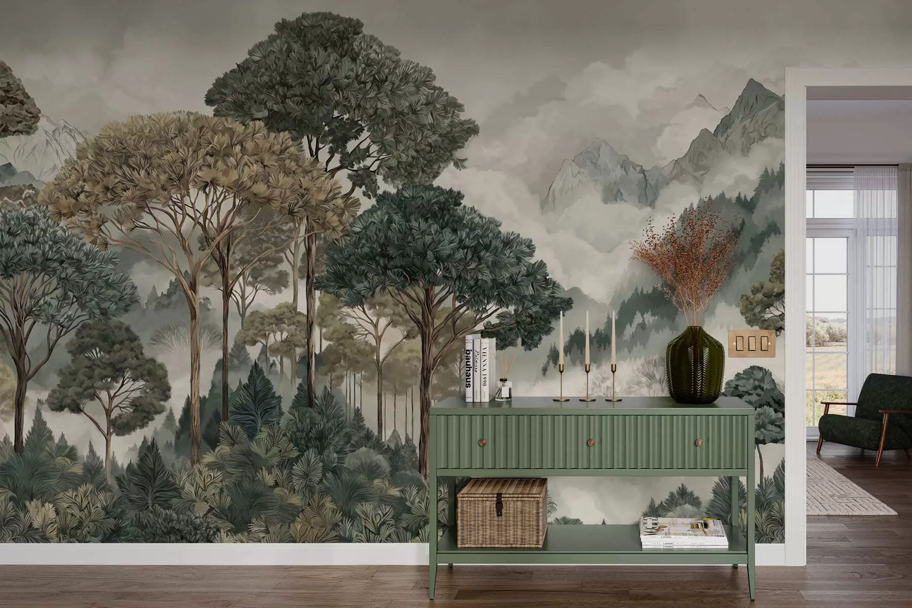 fototapeter Fjellandskap med skog i milde farger w05410v1