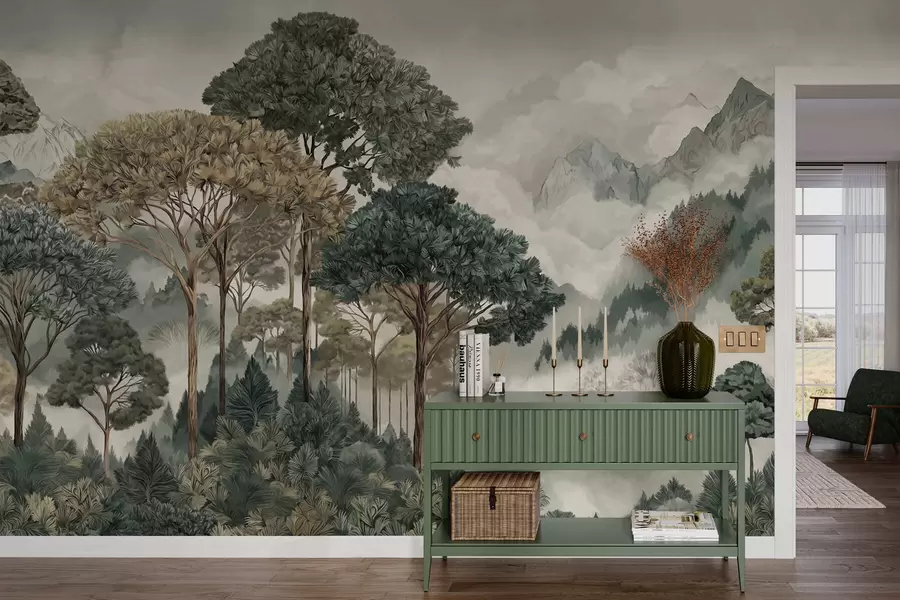 fototapeter Fjellandskap med skog i milde farger w05410v1