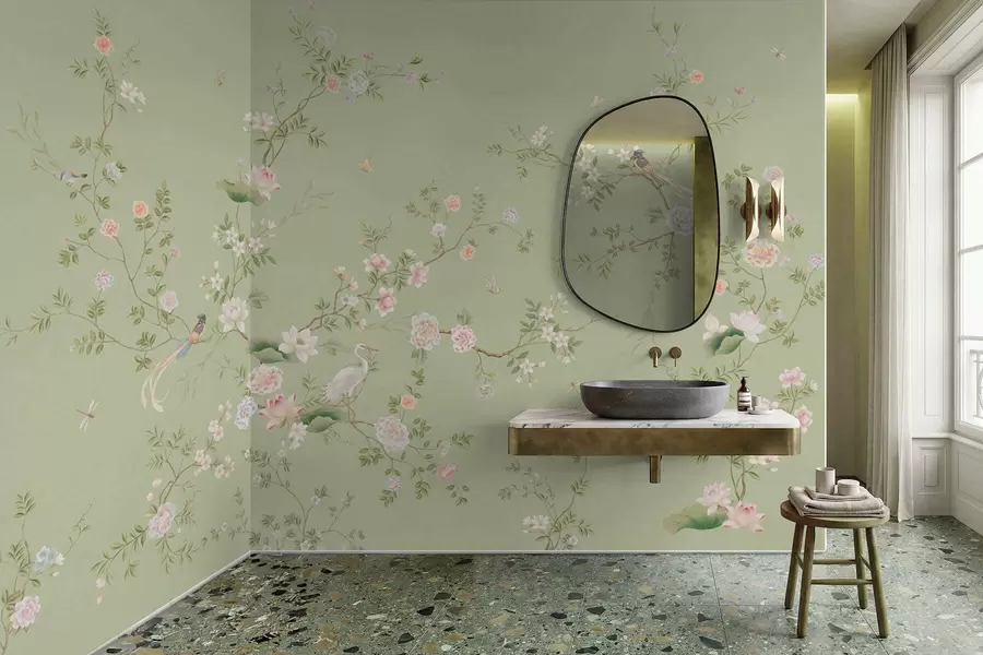 fototapeter Blomstrende grener med fugler på lysegrønn bakgrunn w05416