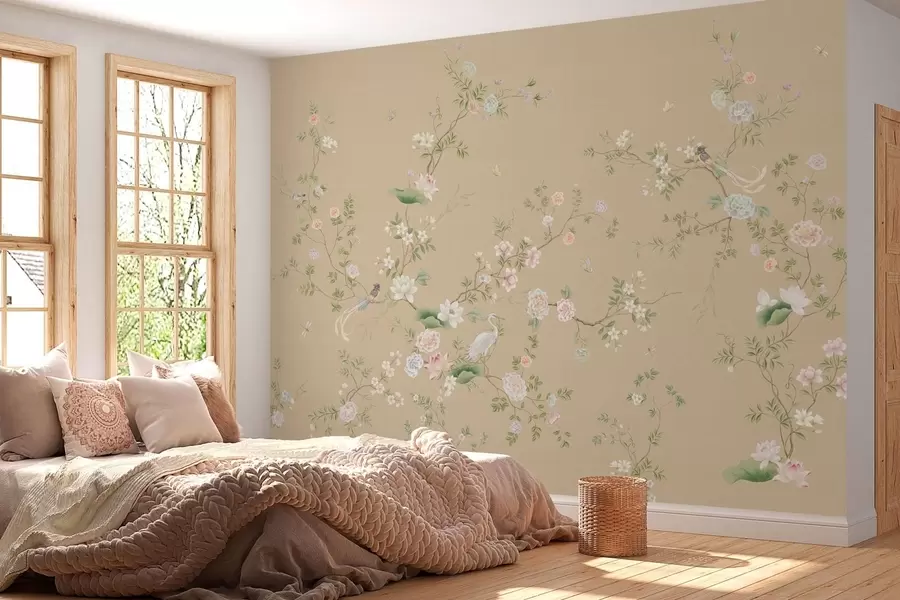 fototapeter Blomstrende grener med fugler på varm beige w05416v2