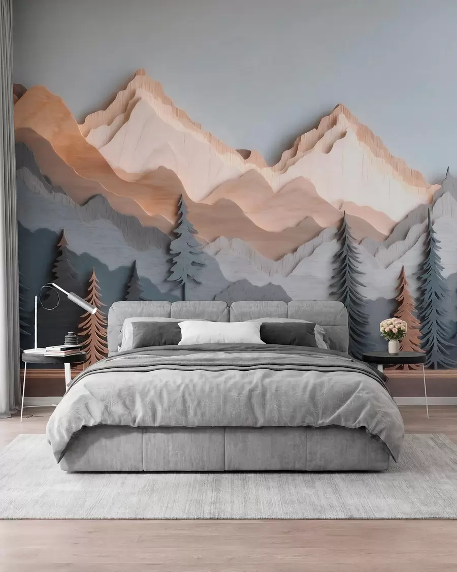 fototapeter Naturlandskap med furutrær og fjell i utskåret tre-stil w09793
