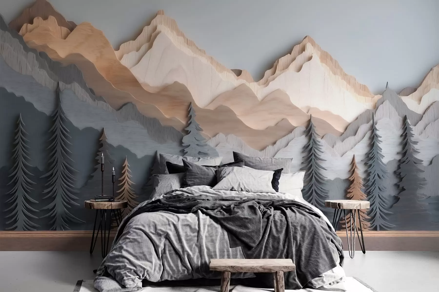 fototapeter Naturlandskap med furutrær og fjell i utskåret tre-stil w09793