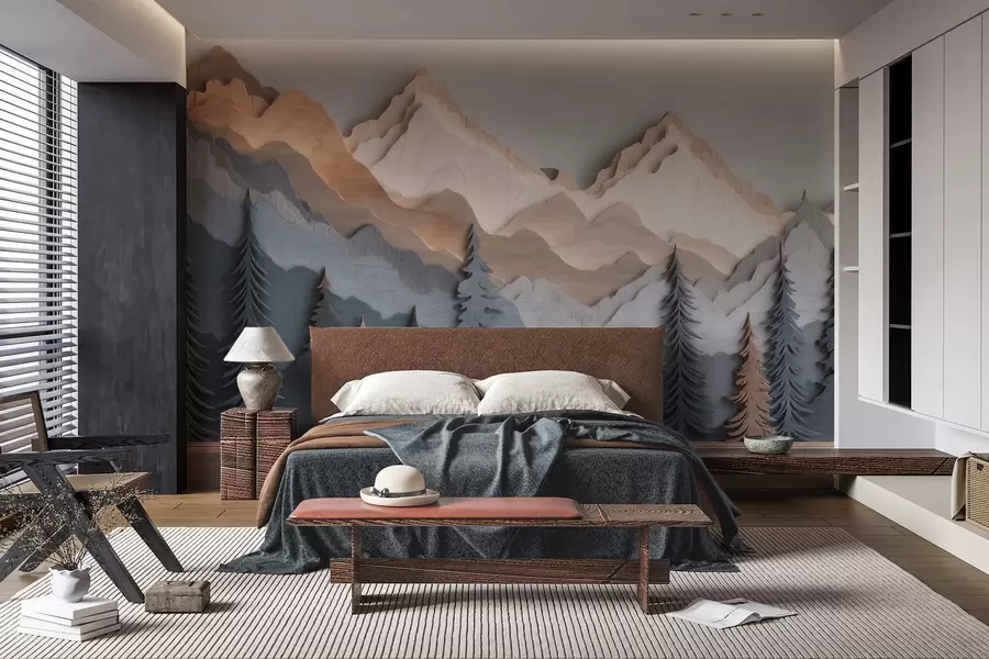 fototapeter Naturlandskap med furutrær og fjell i utskåret tre-stil w09793