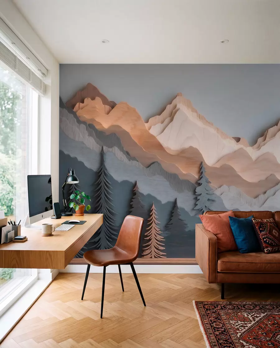 fototapeter Naturlandskap med furutrær og fjell i utskåret tre-stil w09793