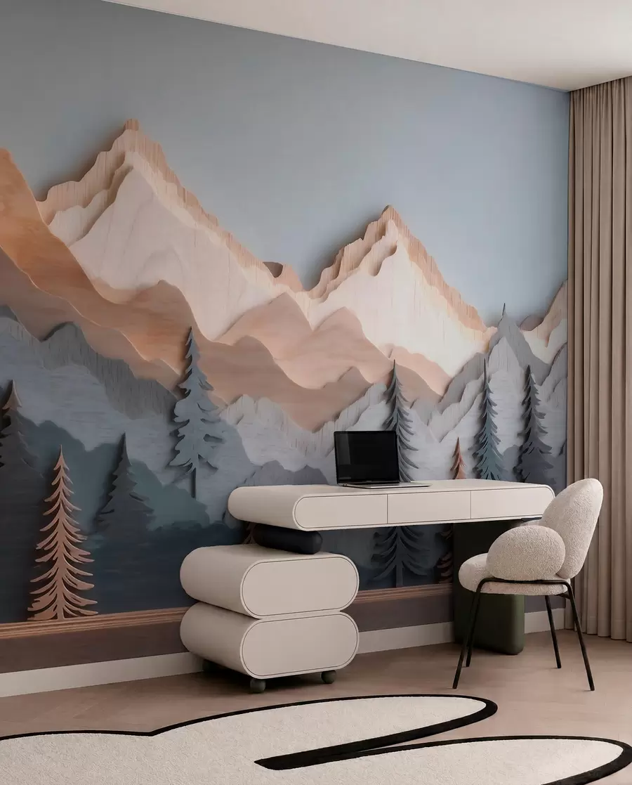 fototapeter Naturlandskap med furutrær og fjell i utskåret tre-stil w09793