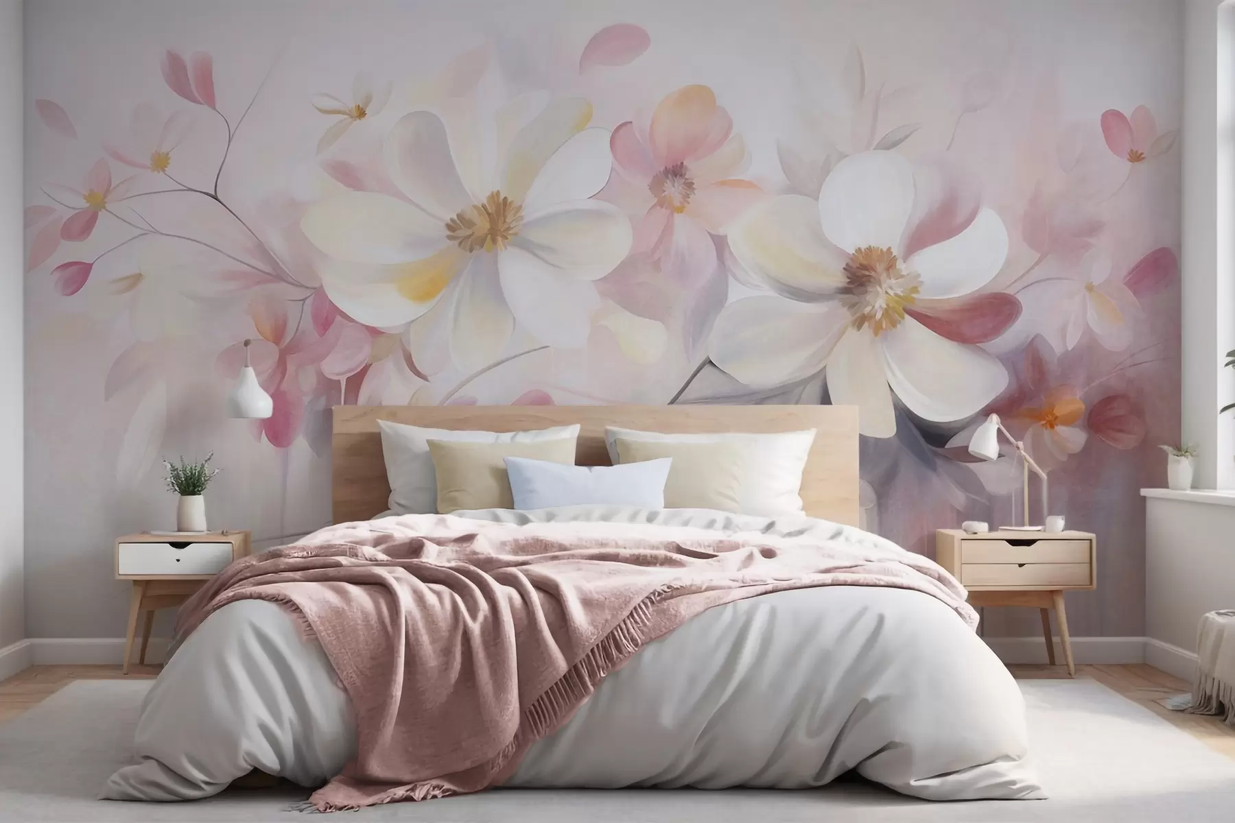 fototapeter Hvite og rosa blomster med delikate kronblader, strukturert kunst, abstrakt, myk bakgrunn w09811