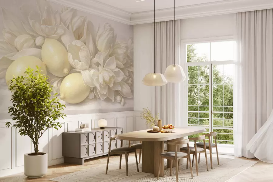 fototapeter En delikat blomsterbukett med sitroner w05449