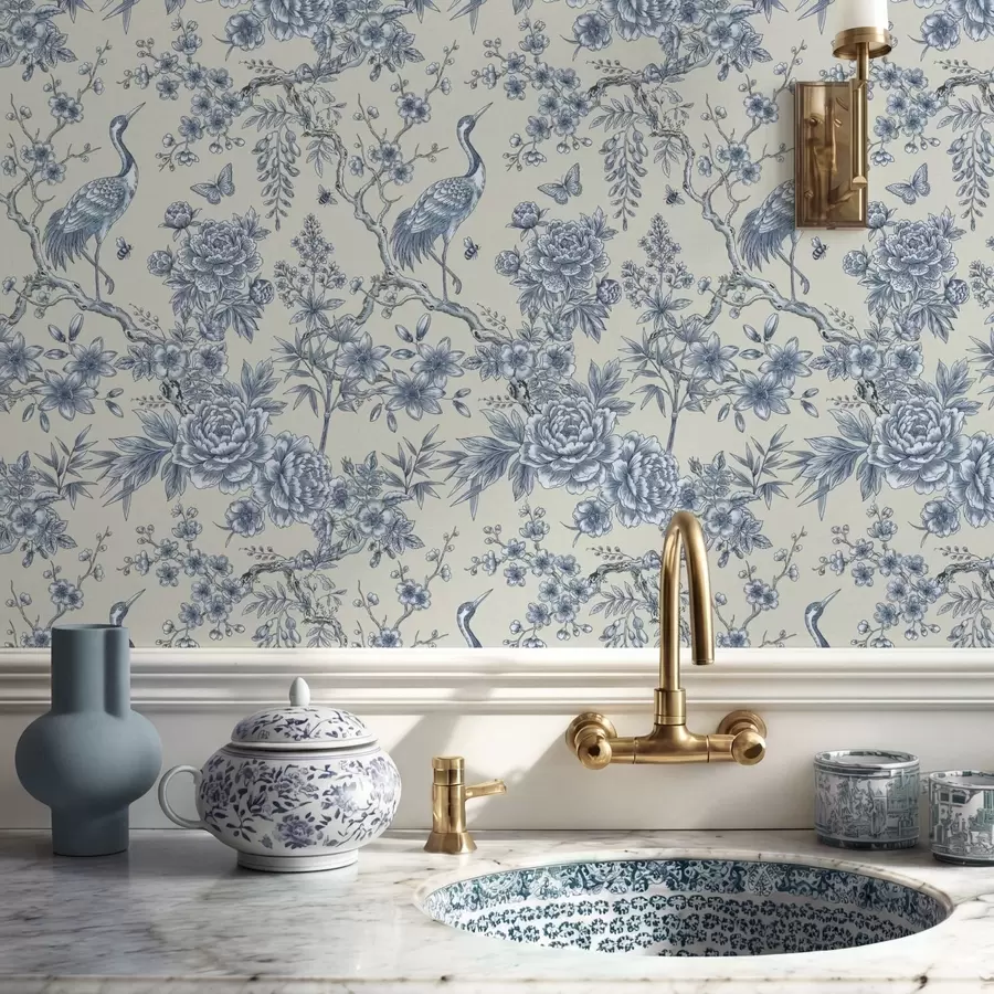 fototapeter Blått blomstermønster med fugl og grener a01132