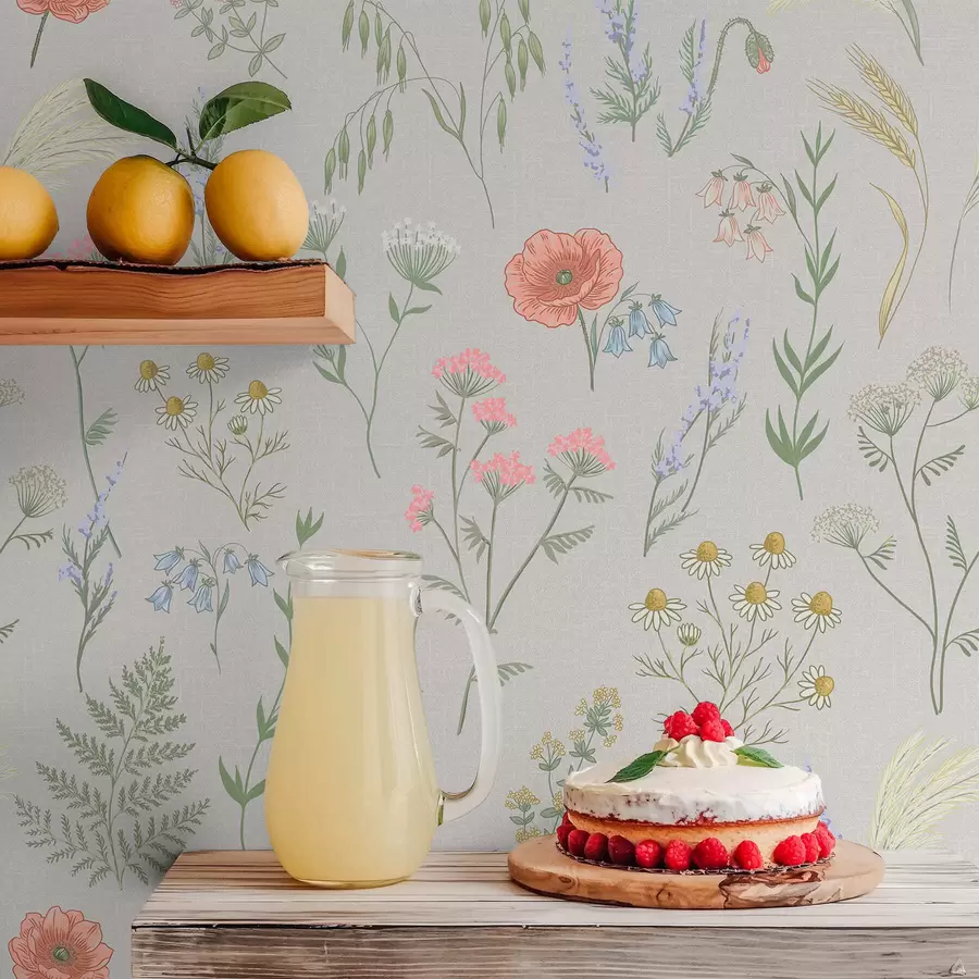 fototapeter Et delikat mønster av villblomster på lys bakgrunn a01152