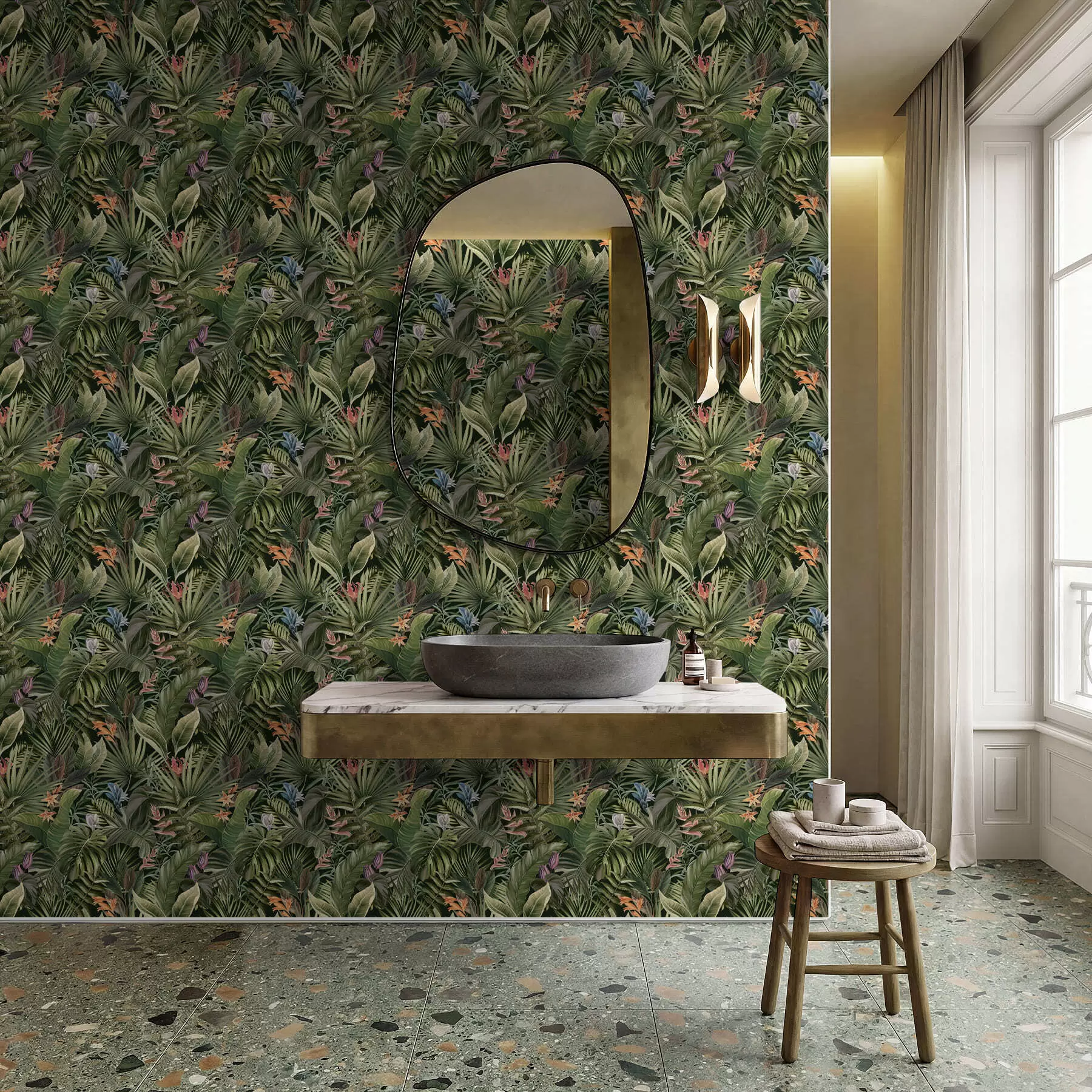 fototapeter Tropiske blader med blomster på mørk bakgrunn a01153