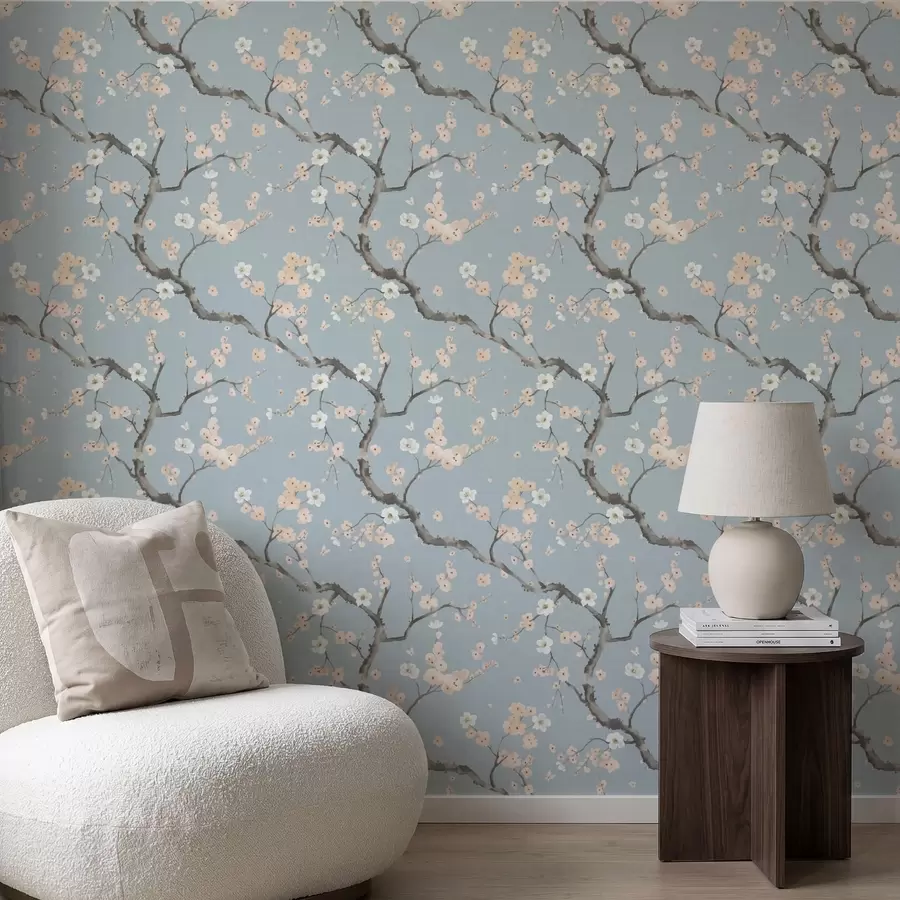 fototapeter Grener med blomster på blå bakgrunn a01155