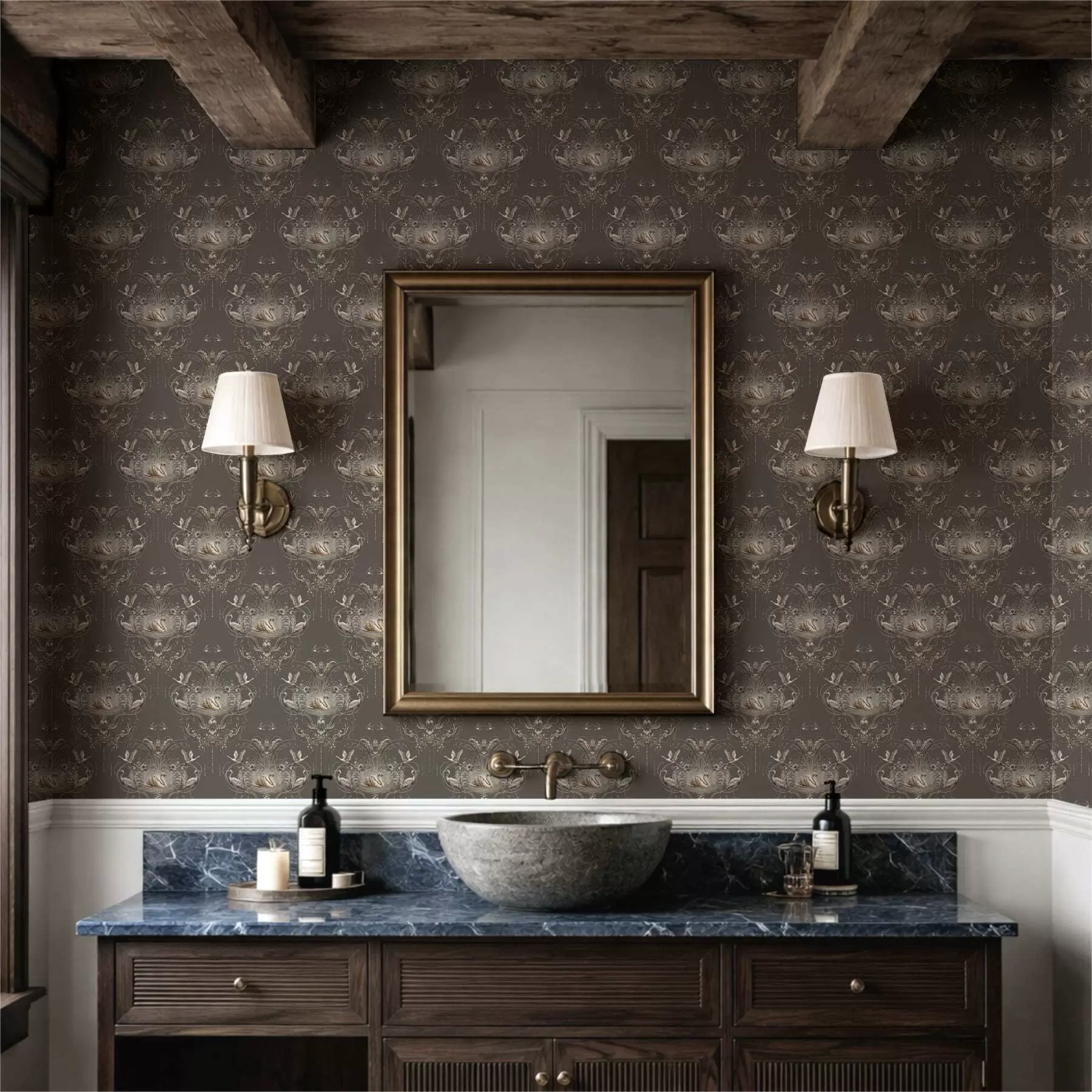 fototapeter Dekorasjon med svaner og fugler i klassisk stil a01161