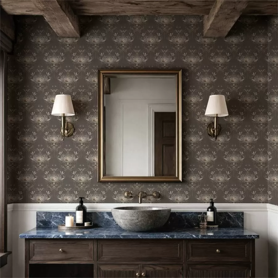 fototapeter Dekorasjon med svaner og fugler i klassisk stil a01161