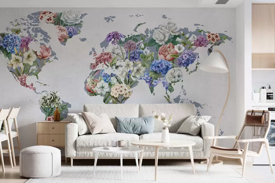 fototapeter Et fargerikt verdenskart laget av en rekke fargerike blomster c00006