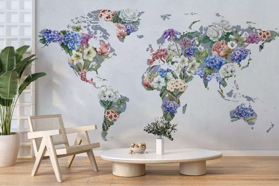 fototapeter Et fargerikt verdenskart laget av en rekke fargerike blomster c00006