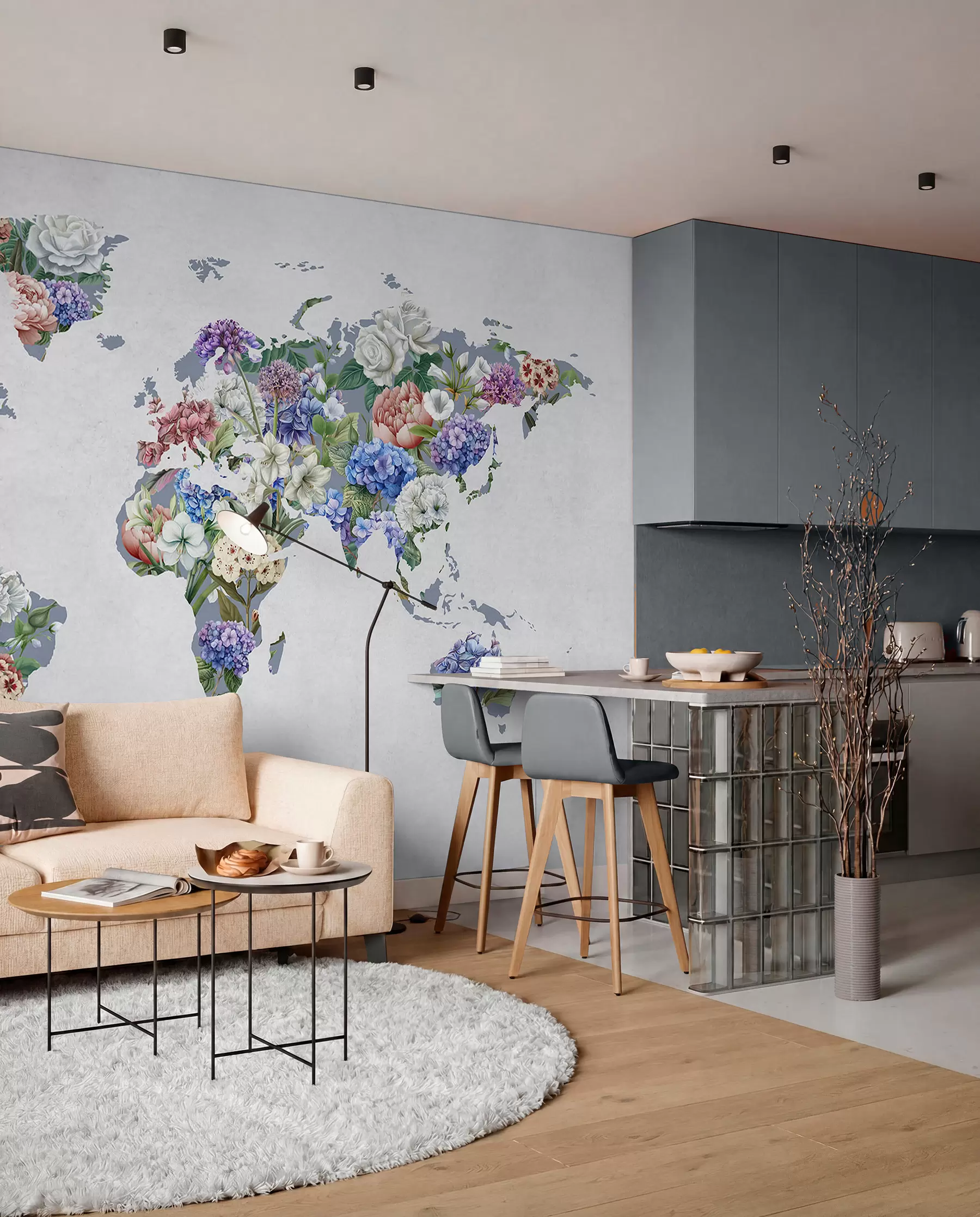 fototapeter Et fargerikt verdenskart laget av en rekke fargerike blomster c00006