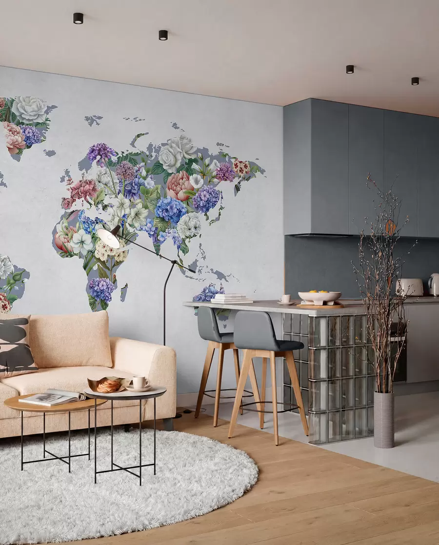 fototapeter Et fargerikt verdenskart laget av en rekke fargerike blomster c00006