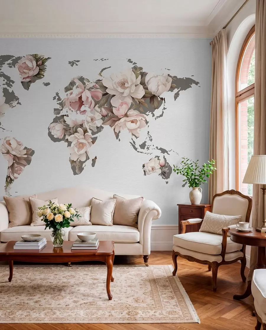 fototapeter Et delikat, kremfarget verdenskart laget av blomster c00008