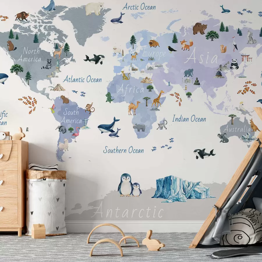 fototapeter Et blått kart i akvarellstil med dyr, planter og arkitektur. Tekst på engelsk c00009env1