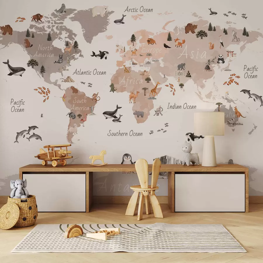 fototapeter Et kart i akvarellstil i beige farger med dyr, planter og arkitektur. Betegnelser på engelsk c00009env3