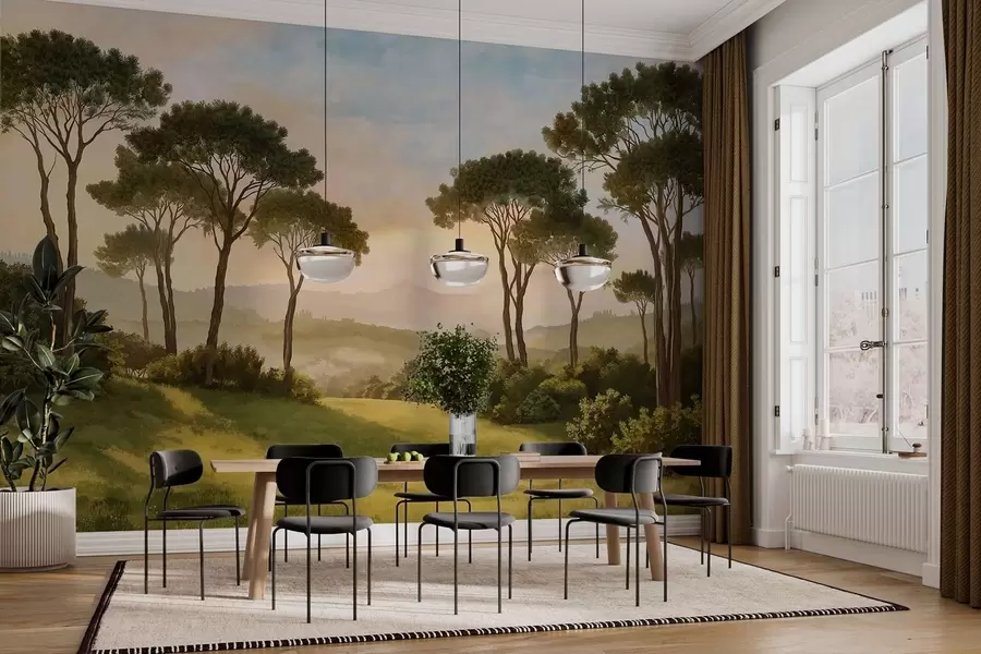 fototapeter Landskap med trær i det varme solnedgangslyset w05122