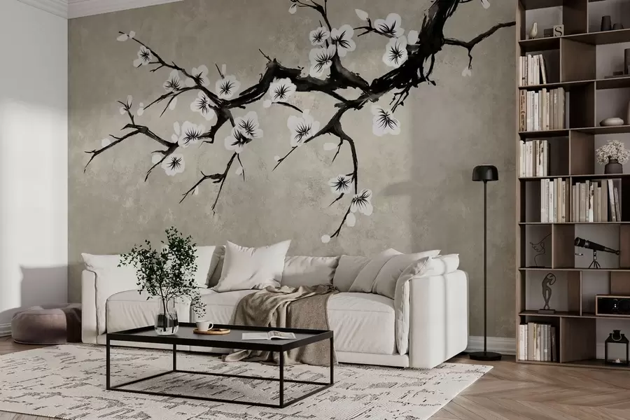 fototapeter En gren med hvite blomster i minimalistisk stil w05425