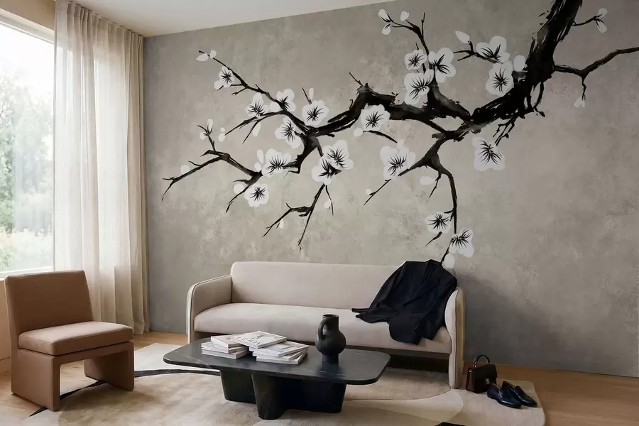 fototapeter En gren med hvite blomster i minimalistisk stil w05425